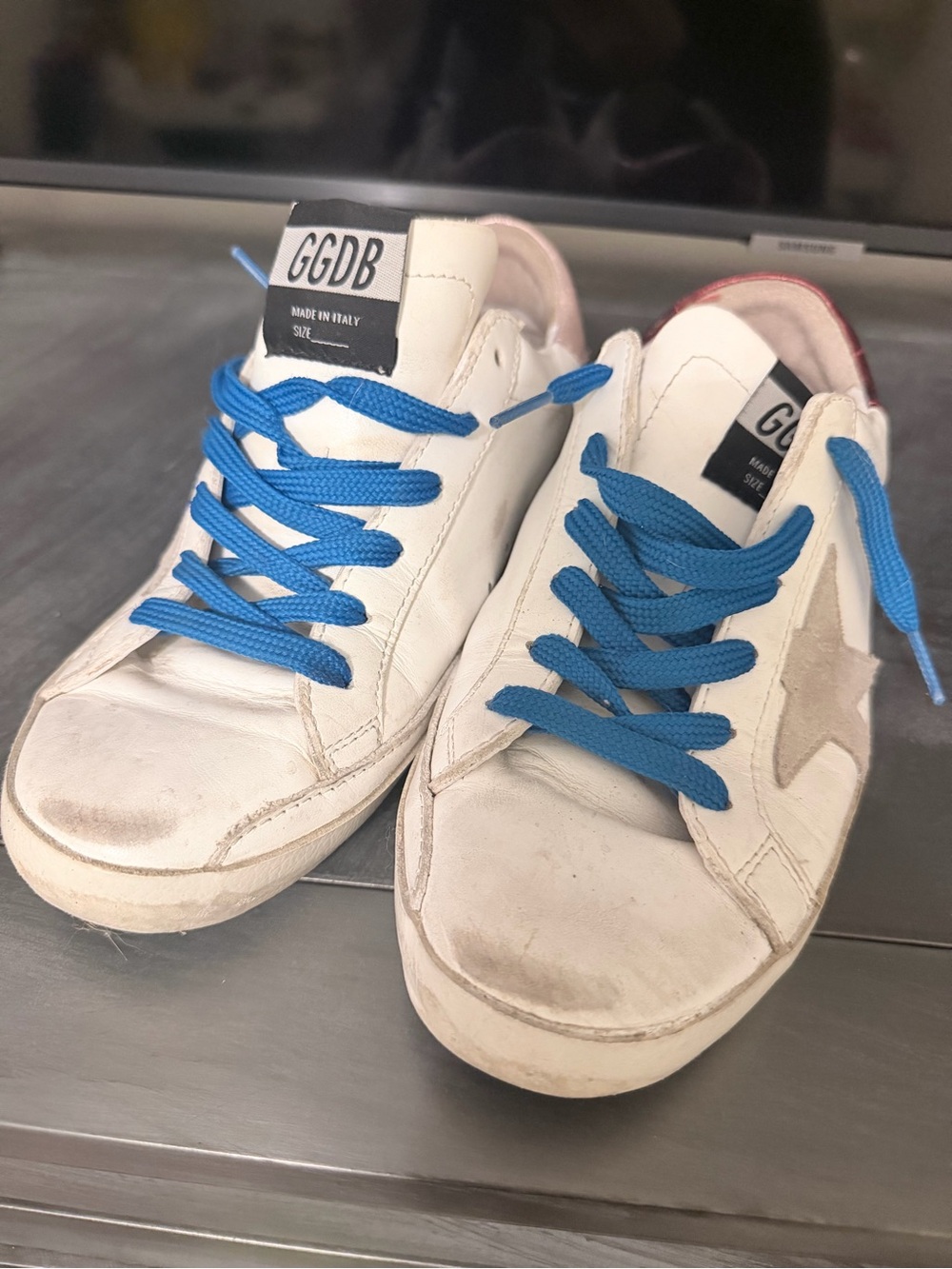 Golden Goose White Superstar Sneakers with Blue Laces